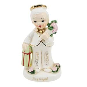 1950's NAPCO May Angel Boy Birthday Figurine Flower Bouquet Gift for Mom *READ*
